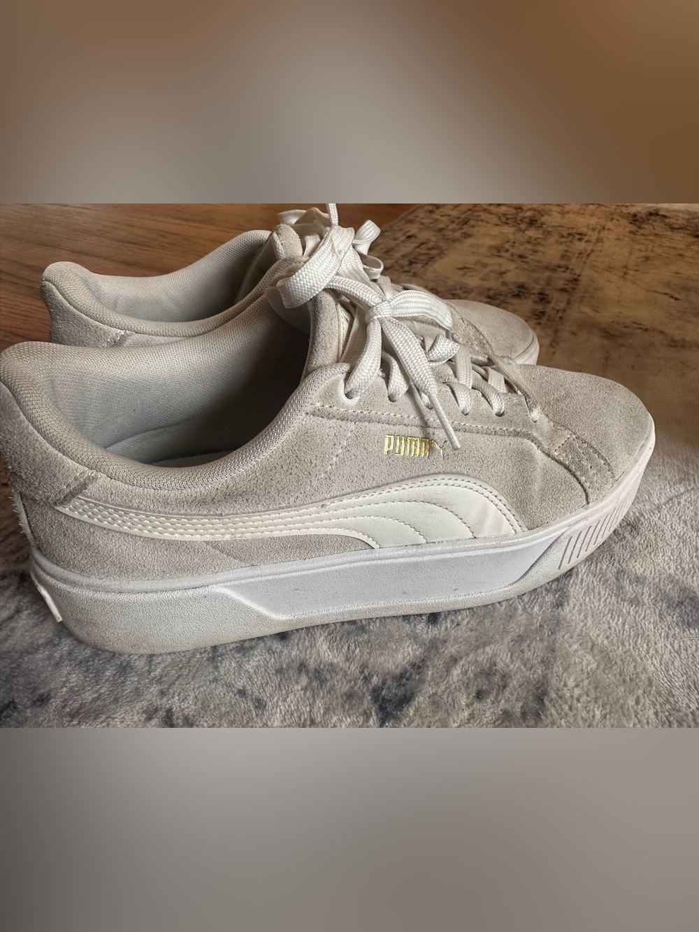 Puma Suede Sneakers in Beige and White with Gold Logo